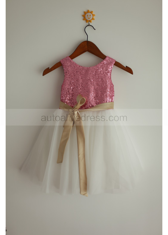 Pink Sequin Ivory Tulle Flower Girl Dress